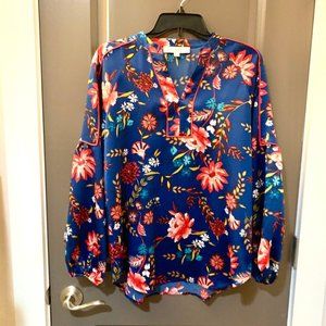 Ann Taylor Loft Blue Satin Floral Blouse
